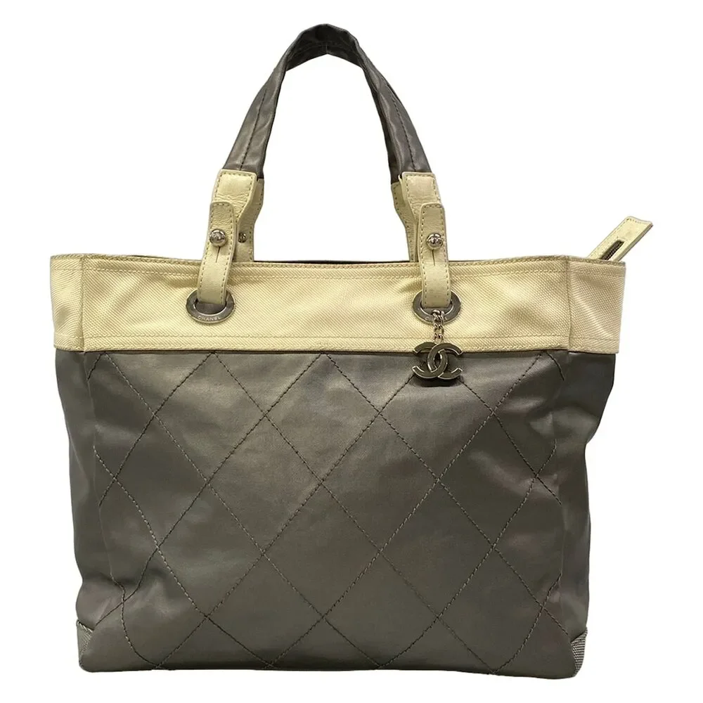 Chanel Paris Biarritz Tote MM Tote Bag Dark Gray Cream Coated Canvas Nylon